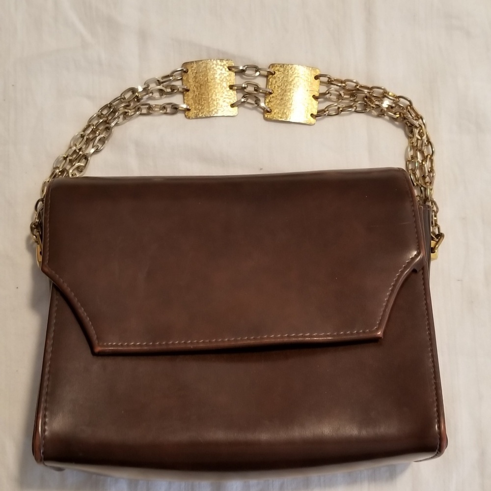 Vintage brown leather purse w/ metallic hardware